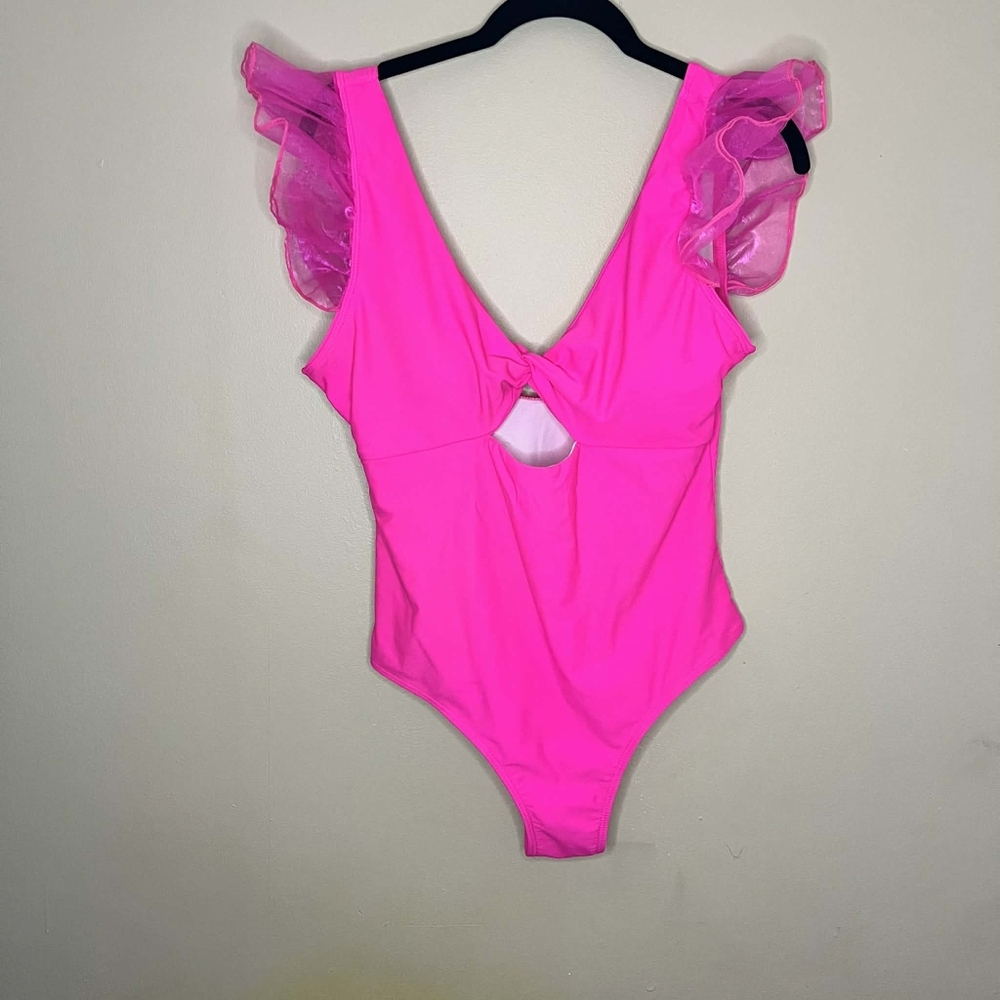 Sporlike Large Ruffle Sleeve Cutout Neon Pink One Piece Swimsuit